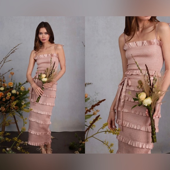 V. Chapman Lily Ruched & Ruffled Stretch Satin Midi Dress Dusty Rose NWT - Picture 7 of 10